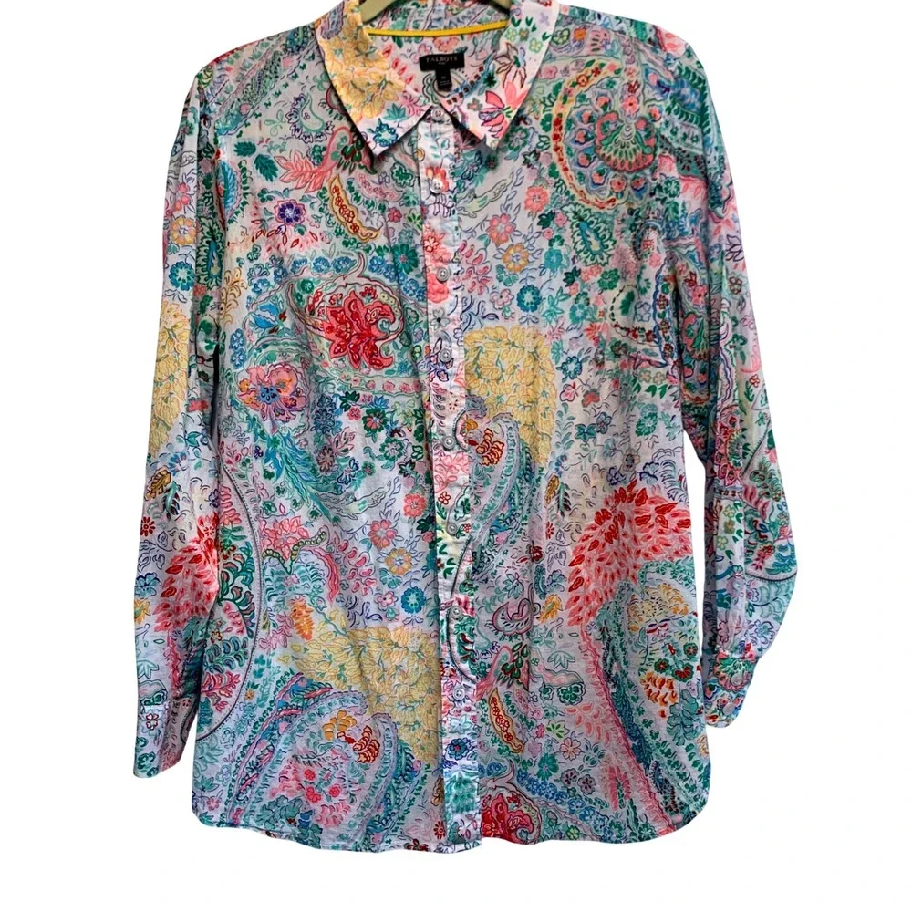 Talbots Plus Button Down Shirt 1X Multi Color Paisley Floral Cotton Long Sleeve